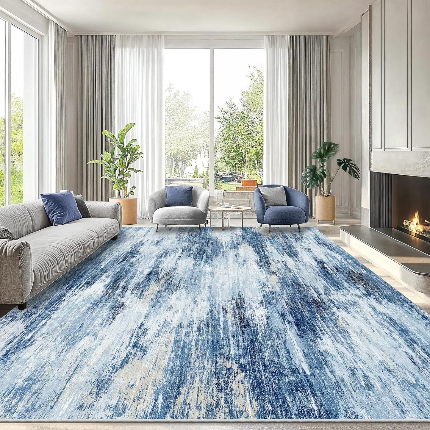Amada 8x10 Area Rug, Modern Abstract Living Room Rug with Non-Slip Backing & Short Pile, Large Washable Rug with Abstract Pattern for Living Room, Bedroom and Dinning Room, Blue