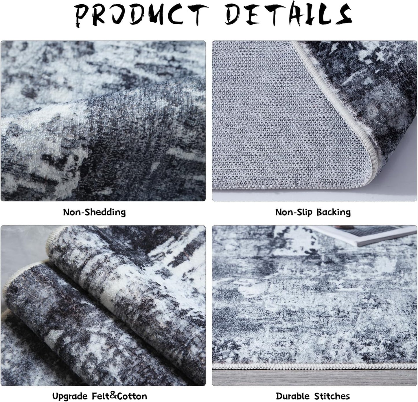 Runner Rug 2'6''x8' Hallway Washable Boho Soft Area Rug Abstract Pattern Non-Slip Faux Wool Vintage for Kitchen, Entryway, Laundry, Bedroom, Grey and Black