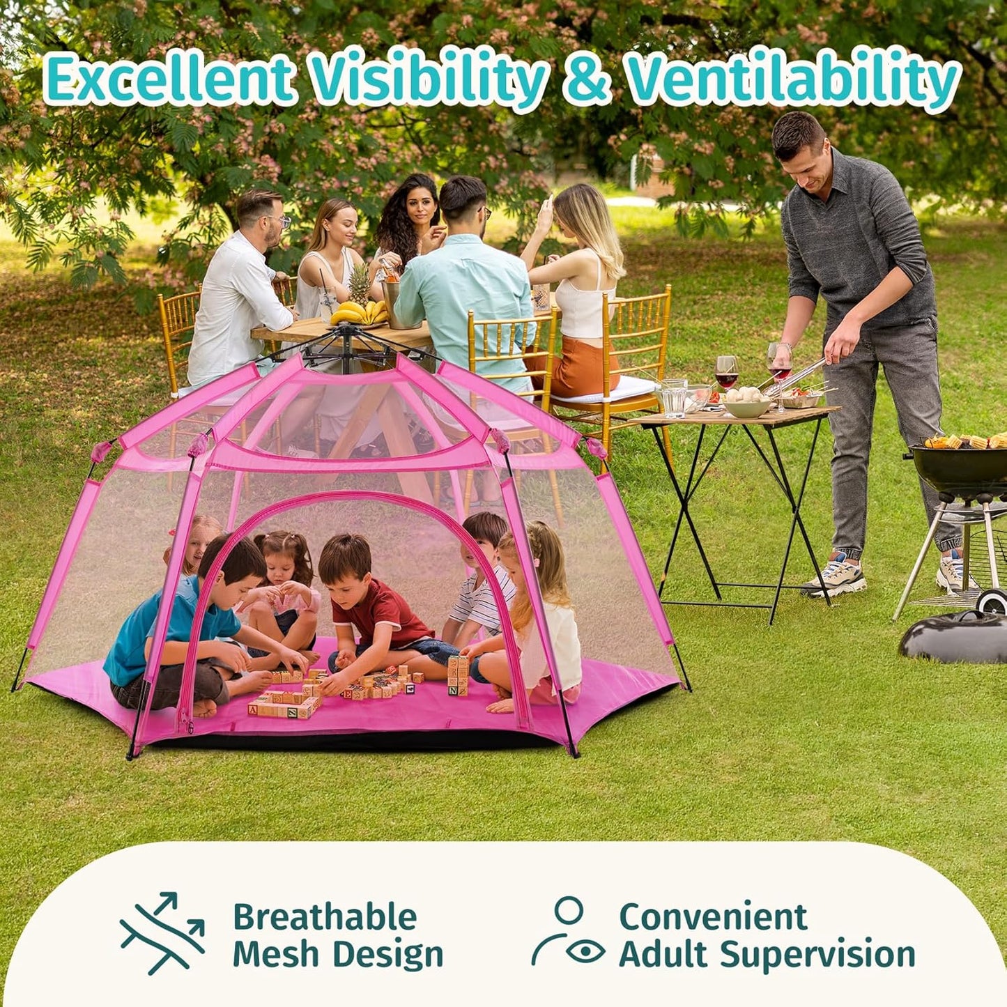 Alvantor Pop Up Playpen- 7'x7'x44”Baby Playpens Large Kids Play Tent Portable and Foldable Playpen Indoor/Outdoor Play Yard with Protective Mesh, UV SPF 50+ Sunshade, and Soft Foam Floor, Pink