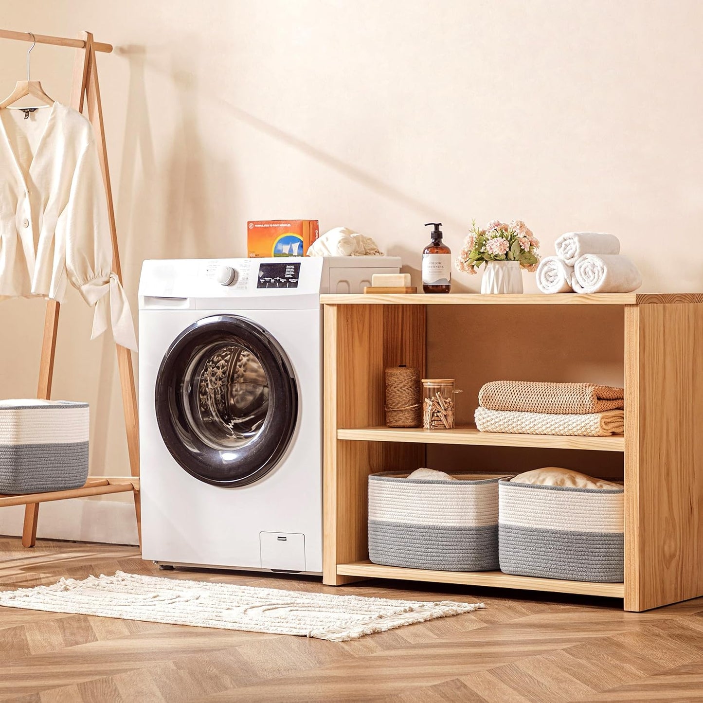 UBBCARE 4 Pack Baskets for rganizing, Woven Storage Baskets for Toys and Towel, Rectangle Cotton Rope Basket with Handles, 15''L x10''W x9''H, Grey