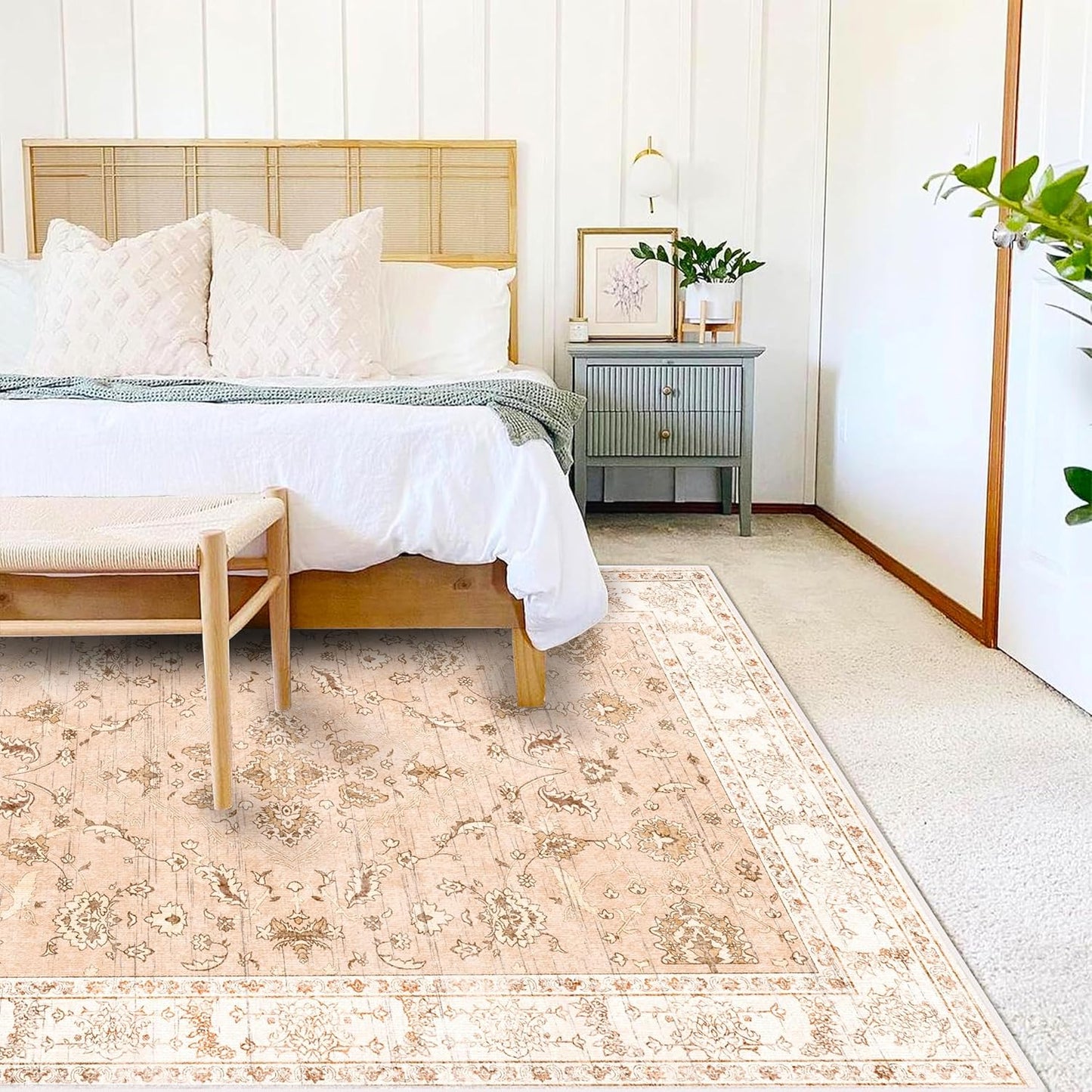 Area Rug 9x12 Washable Tangerine Vintage Traditional Mat Distressed Indoor Foldable Thin Retro Accent Floral Print Rug Non Slip Carpet Living Room Dining Room Office