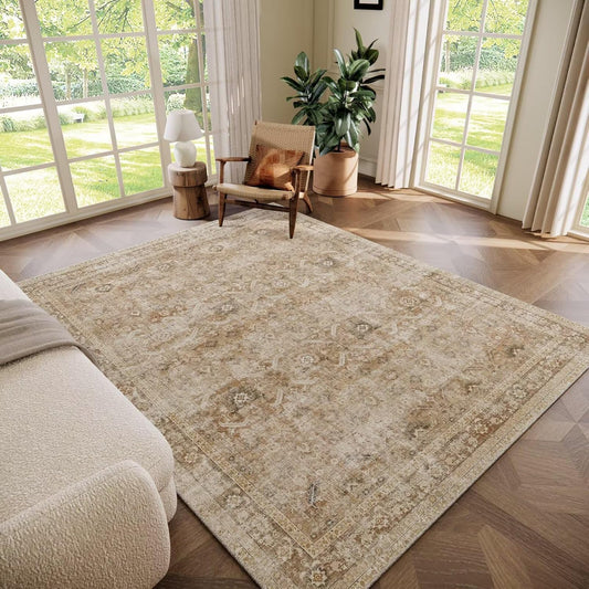 Washable 6x9 Area Rugs for Living Room, Boho Non-Slip Silicone Backing Large Rugs for Bedroom Dining Room Nursery Office, 0.3" Neutral Oriental Throw Carpet with 0.16" Cushioning Pad, Brown/Multi
