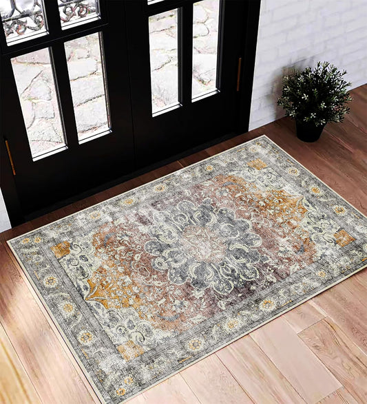 Area Rug 2x3 Washable Rug Door Mat Vintage Distressed Taupe Doormat Indoor Entrance Traditional Thin Floral Print Non Slip Carpet for Kitchen Bathroom Bedroom Living Room