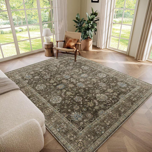 Washable 6x9 Area Rugs for Living Room, Boho Non-Slip Silicone Backing Large Rugs for Bedroom Dining Room Nursery Office, 0.3" Neutral Oriental Throw Carpet with 0.16" Cushioning Pad, Flaxen/Multi