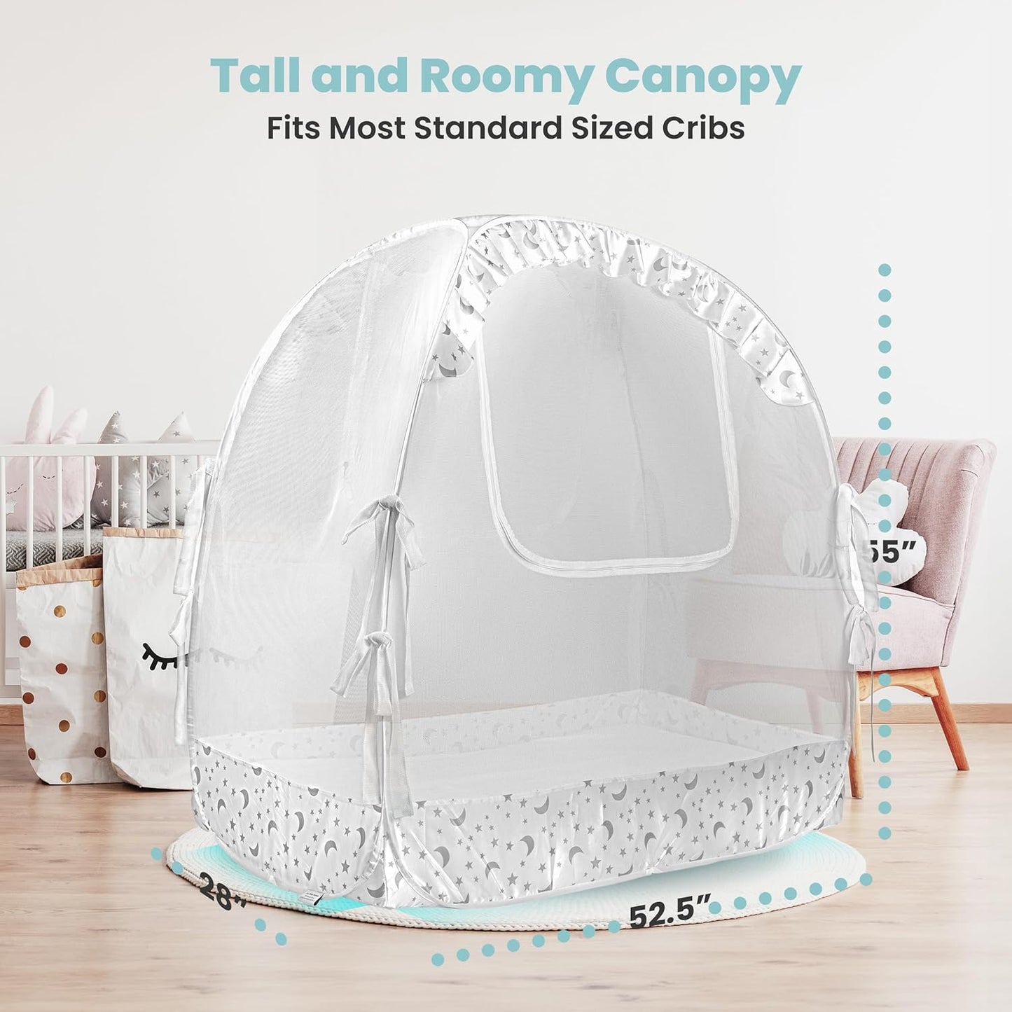 Premium Pop Up Crib Tent, Crib Cover to Keep Baby from Climbing Out, Prevent Falls and Mosquito Bites, Safety Net Canopy - Sturdy & Stylish Infant Topper, Mosquito Net