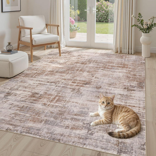 Area Rug for Living Room: 4x6 Washable Neutral Abstract Modern Soft Rugs Non Slip Indoor Floor Stain Resistant Carpet for Bedroom Dining Room Office Nursery - Red Brown