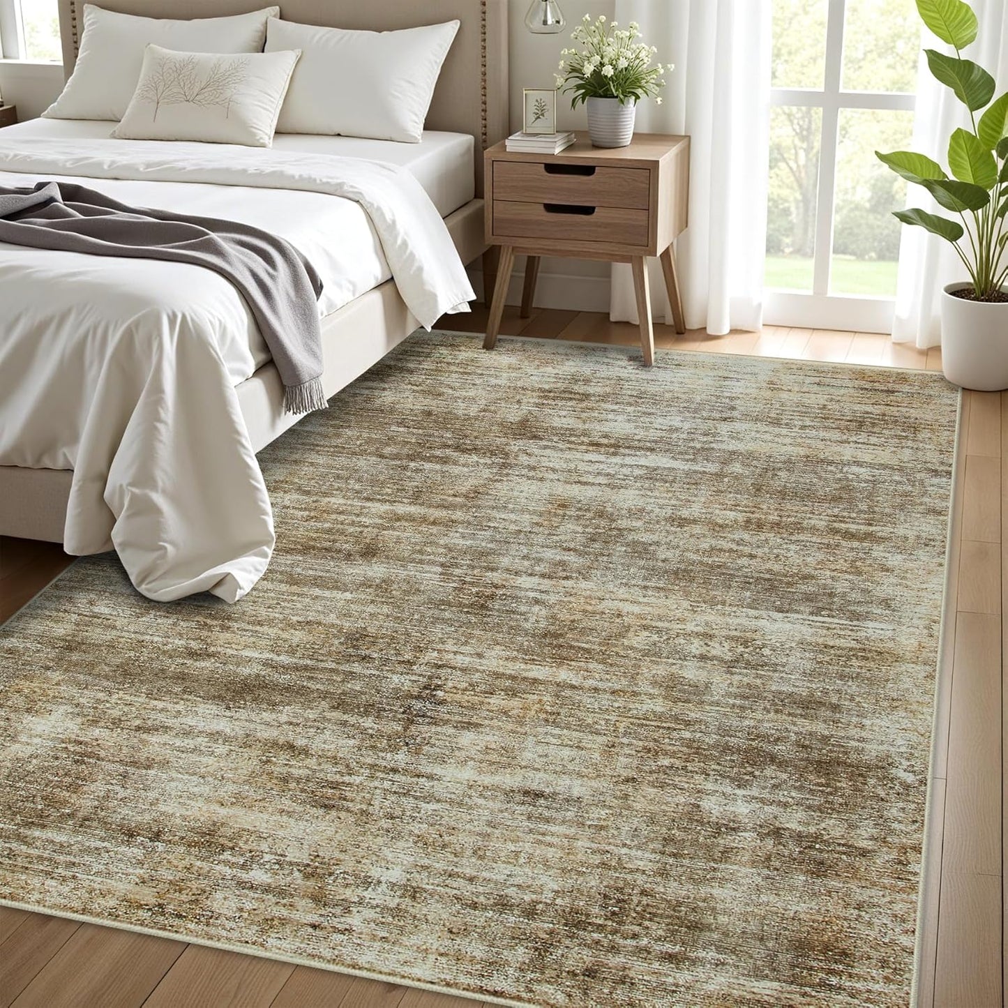 Area Rug 5x7 Living Room Rugs: Abstract Large Washable Rugs with Non-Slip Backing, Thin Carpet for Dining Room Table Bedroom Nursery Indoor Home Office-Brown