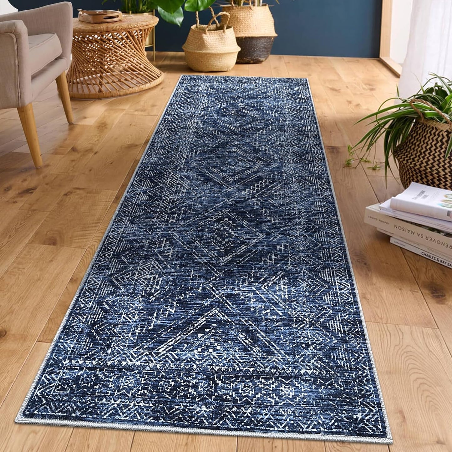 COZYLOOM Washable Runner Rug 2x8 Vintage Non Slip Low Pile Rug Soft Throw Floor Cover Geometric Tribal Foldable Indoor Carpet for Living Room Bedroom Hallway, Blue