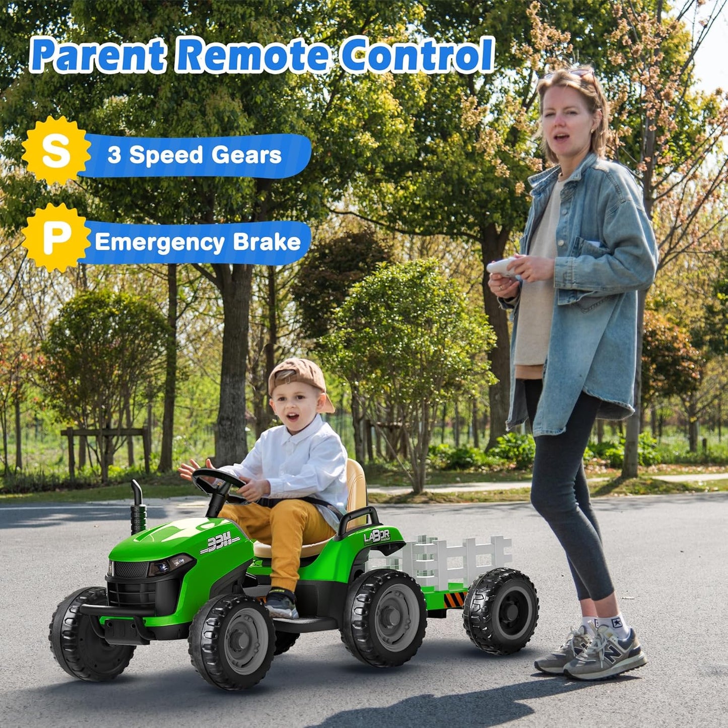 24V Ride On Tractor w/Tiltable & Detachable Trailer, 2x65W Motors, EVA Tires, Remote Control, Bluetooth, Shifter, Music, Electric Car for Kids, Green