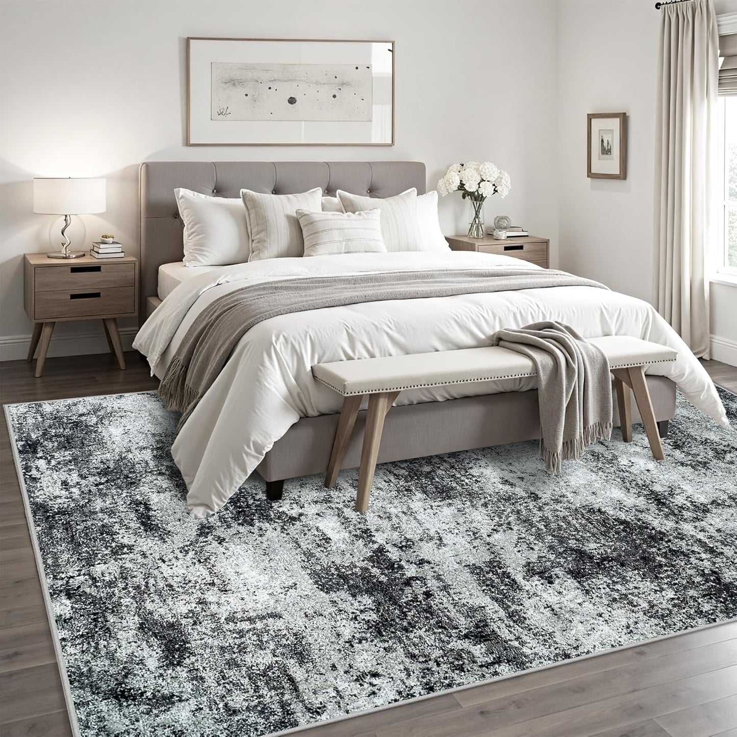 Area Rug 9x12 Washable Rugs: Abstract Large Living Room Rugs with Non-Slip Backing, Stain Resistant Indoor Floor Carpet for Bedroom Dining Room Table Nursery Hallway Home Office Dark Black/Gray