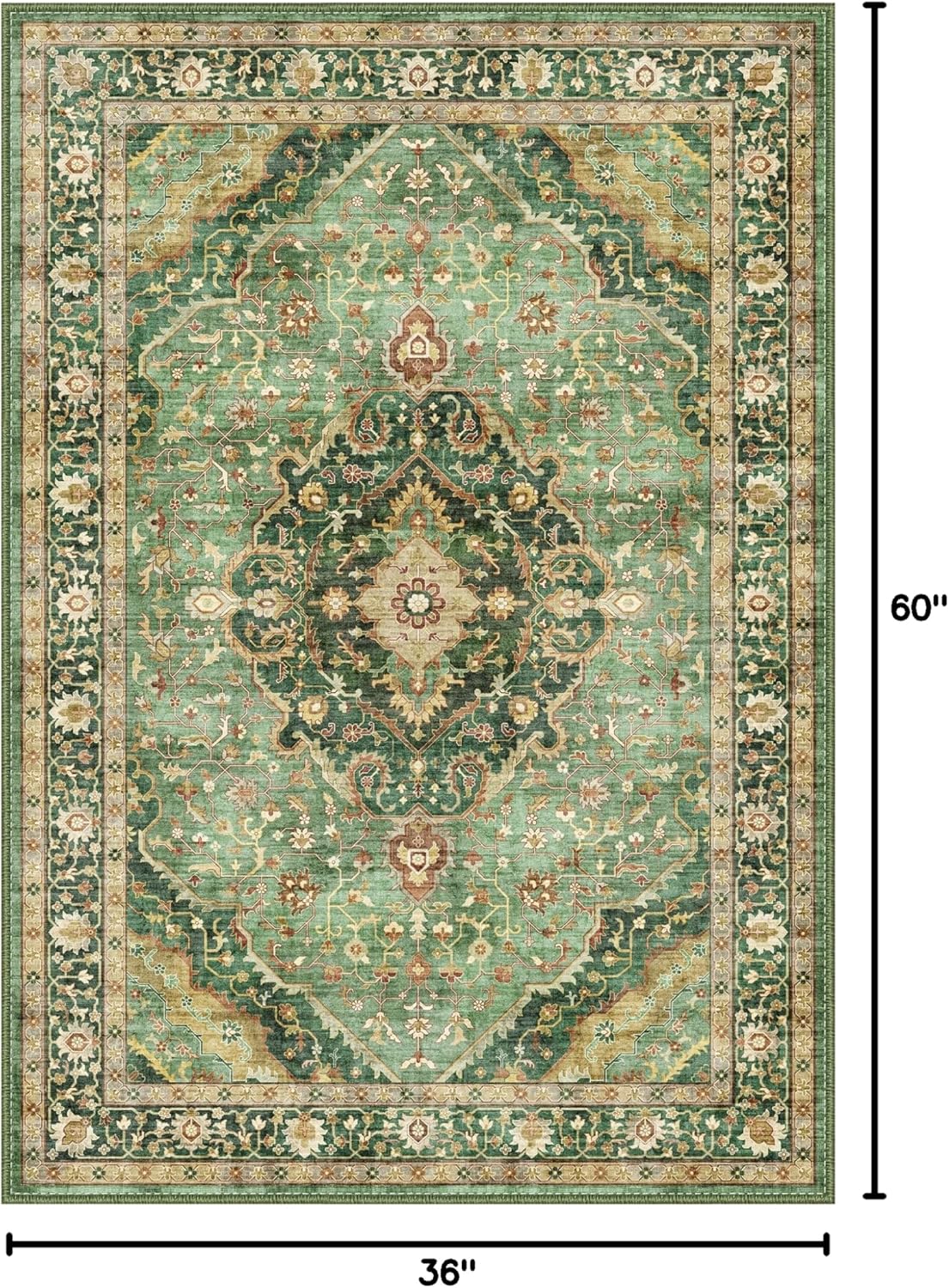 Deerly Green Rug 3x5 Area Rug with Non-Slip Backing, Washable Rugs for Bedroom Living Room Kitchen, Distressed Carpet Printed Low-Pile Soft Dorm Rug Room Decor(Border Green)