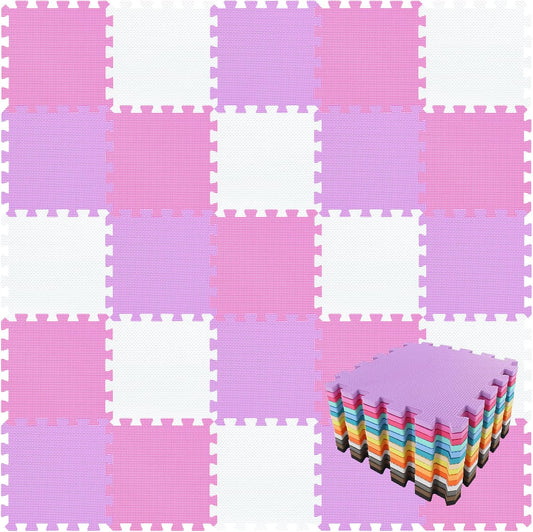 qqpp EVA Rubber 18 Tiles Interlocking Puzzle Foam Floor Mats - Baby Play Mat for Playing | Exercise Mat for Home Workout. White, Pink, Purple. QC-ACKb18N