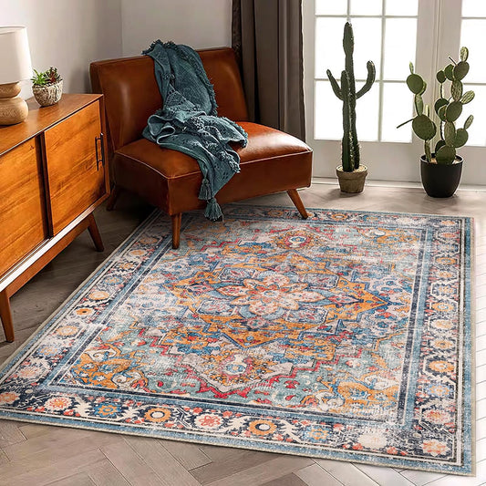 Washable Area Rug 3'x5' Rugs for Living Room Retro Flowers Machine Non-Slip Bedroom Vintage Trellis Distressed Carpet for Dining Room Office