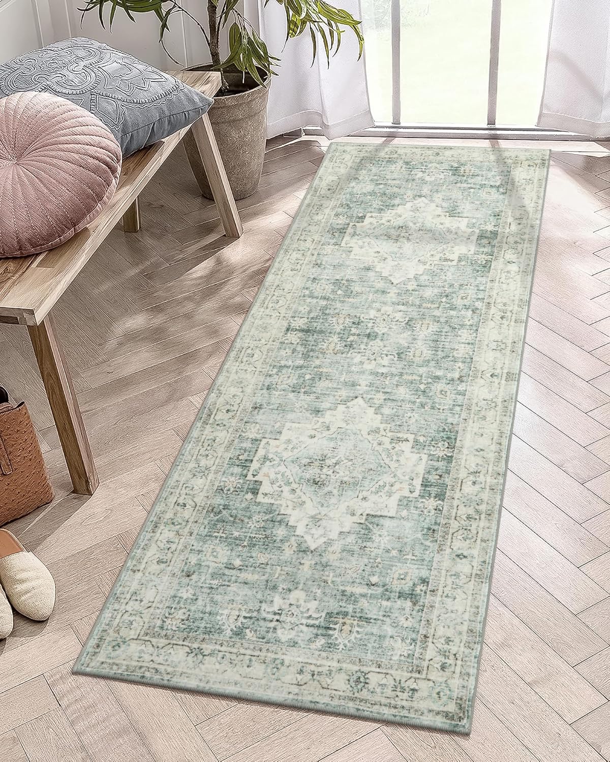 LIVEBOX Washable 2x6 Runner Rug for Bathroom, Non Slip Kitchen Mats for Floor Entryway, Boho Indoor Front Door Mat Low-Pile Runners for Hallways, Farmhouse Rugs for Laundry, Sage Green
