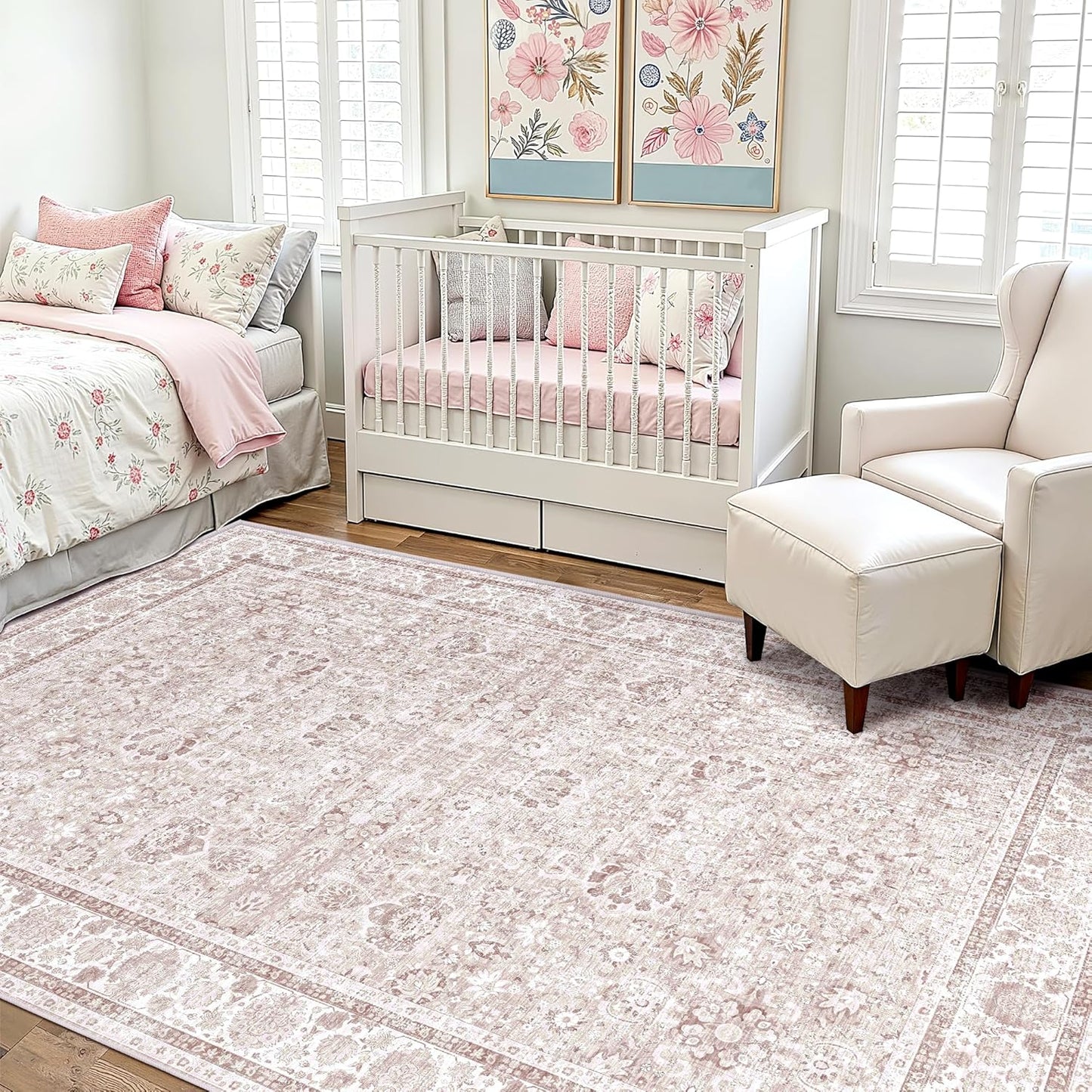 Light Pink 6x9 Rugs for Bedroom Nursery Rug Vintage Aesthetic Cute Boho Floral Washable Area Rug Indoor Carpet for Kids Room Playroom Living Room