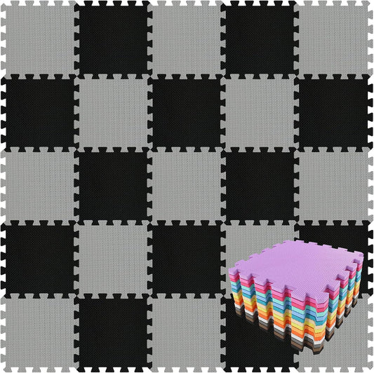 qqpp EVA Rubber 18 Tiles Interlocking Puzzle Foam Floor Mats - Baby Play Mat for Playing | Exercise Mat for Home Workout. Black, Gray. QC-DLb18N