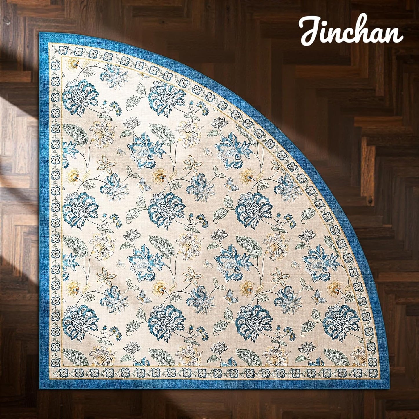jinchan Floral Corner Rug for Living Room Washable Bedroom Rug Vintage Romance Design Non Slip Quarter Circle Lightweight Low-Pile Throw Carpet for Reading Nook Playroom,7ft Radius, Blue/Beige