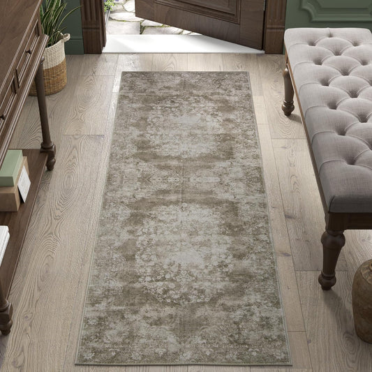 jinchan Vintage Floral Runner Rug 2x5 - Machine Washable Distressed Design Non-Slip Low-Pile Soft Thin Carpet for Hallway Kitchen Farmhouse Bedroom Entryway Laundry Room (2x5ft,Brown)