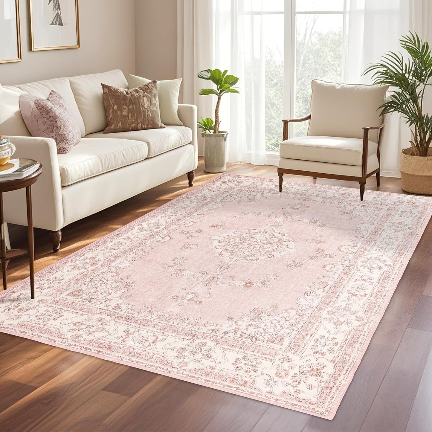 5x8 Area Rug Washable: Oriental Soft Area Rug for Living Room Bedroom No Shedding - Low Pile Thin Carpet Rug for Dining Room Non Slip - Boho Vintage Rug for Home Decor - Soft Pink
