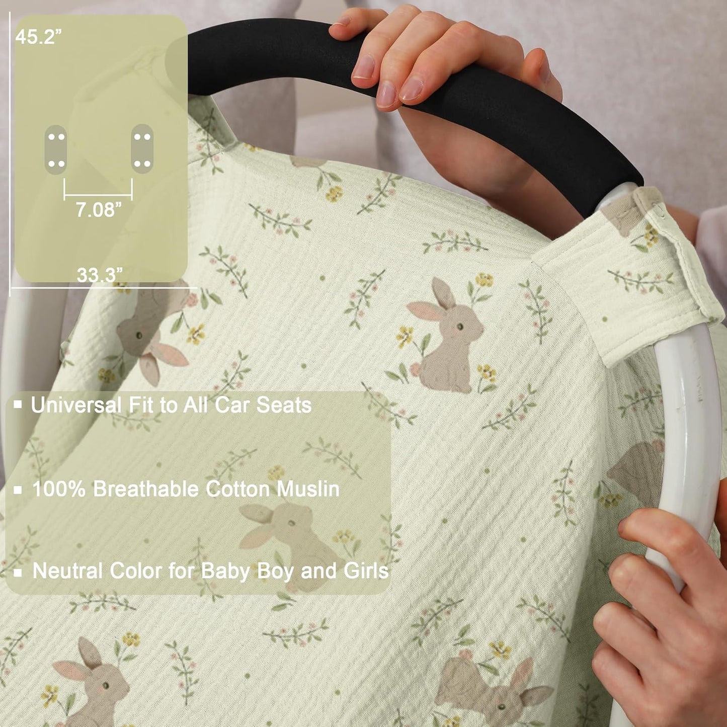 100% Muslin Cotton Car Seat Cover Baby, Carseat Canopy Cover, Universal Fit Stroller Covers for Boys and Girls (Cute Rabbit)