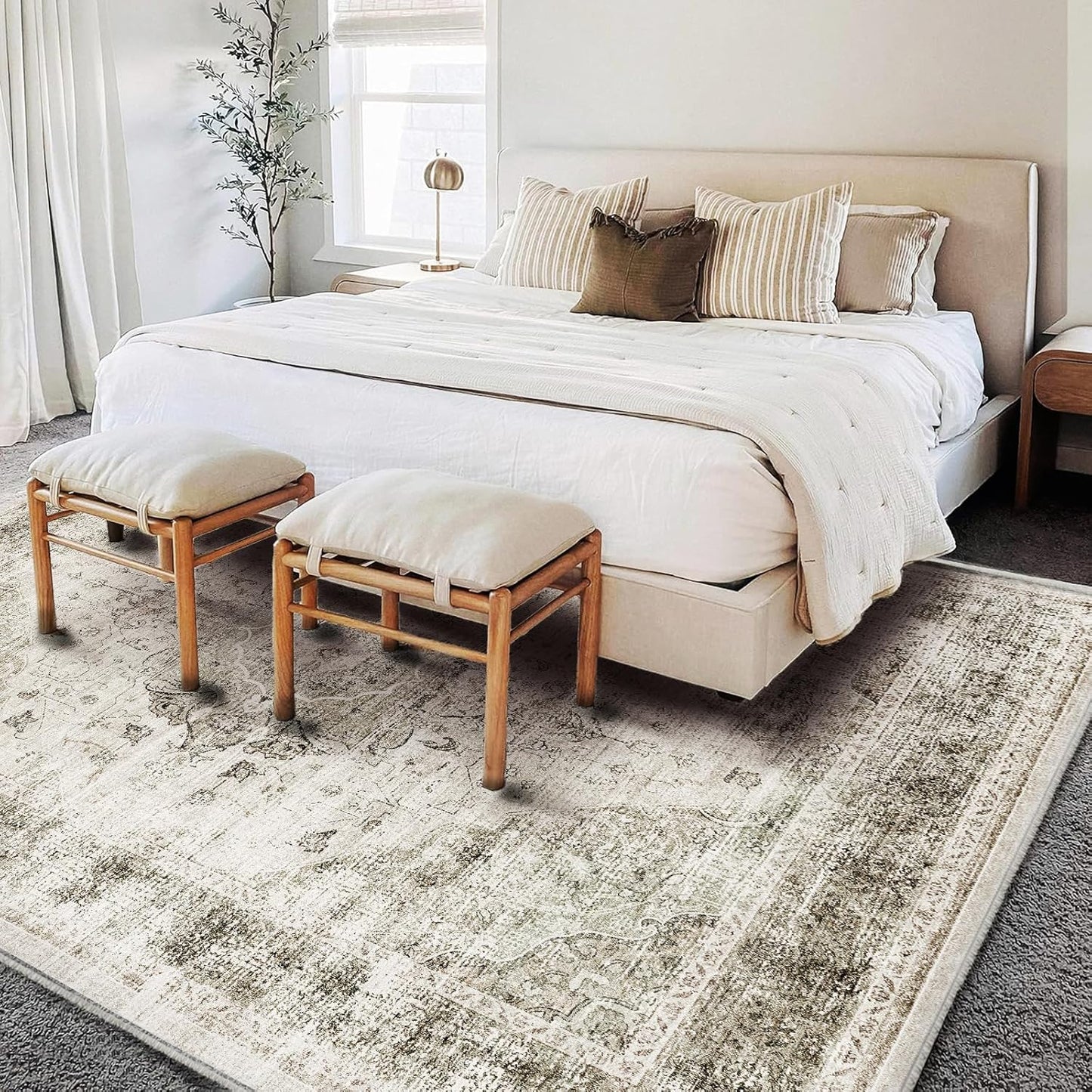 Area Rug 6'x9' Washable Vintage Floral Khaki Traditional Floor Cover Thin Retro Kitchen Indoor Distressed Non Slip Carpet for Living Room Bedroom Dining Room