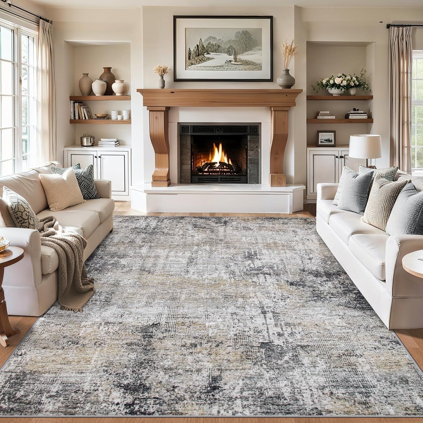 Area Rugs Living Room Rug - 5x7 Washable Modern Abstract Soft Neutral Non-Slip Carpet Large Indoor Floor Thin Carpets for Bedroom Dining Room Farmhouse Nursery Home Office Brown Black Grey