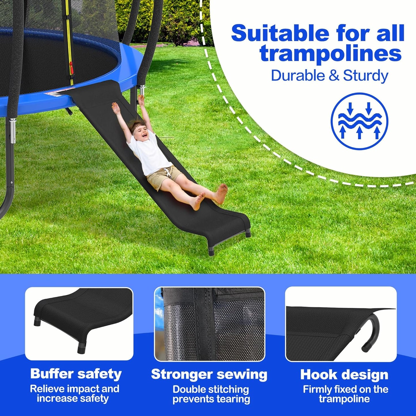 Universal Trampoline Slide with Buffer Region, Heavy Duty Steel Trampoline Accessory, for 8 10 12 14 15 16FT Trampoline, Ideal for Children or Kids to Climb up and Slide Down. (Black)