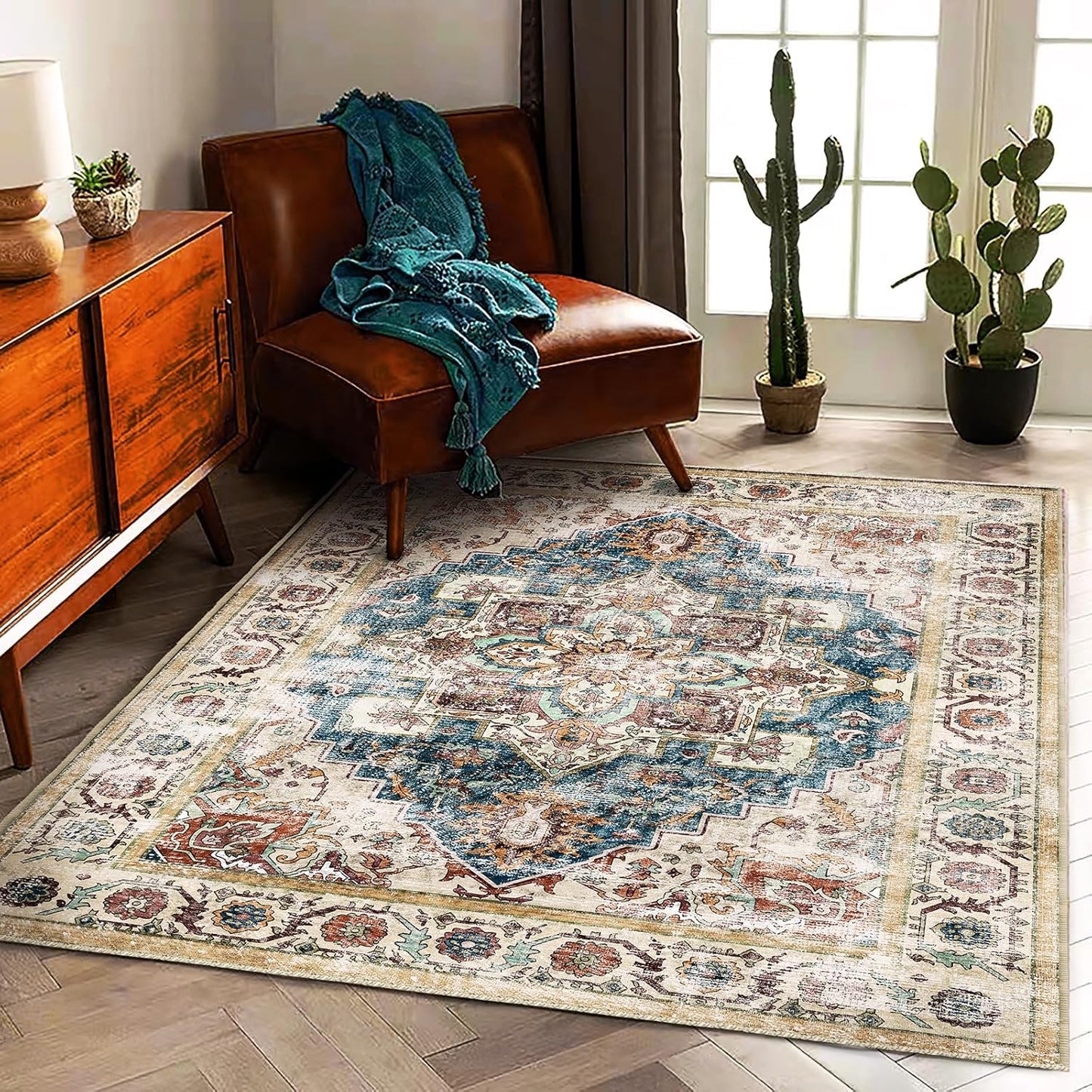 Washable Area Rug 5'x7' for Living Room Retro Beige Blue Boho Chic Medallion Distressed Design Indoor Non-Slip Large Persian Oriental Accent Throw Rug for Kitchen Bedroom Office Carpet