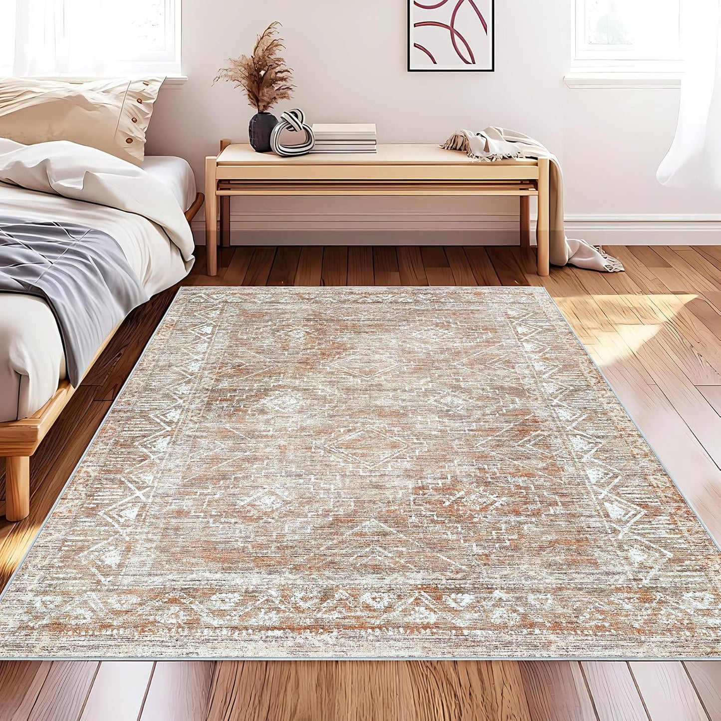 Vintage Moroccan Trellis Area Rug - 4x6 Machine Washable Boho Geometric Farmhouse Rugs Neutral Stain Resistant Non Slip Indoor Carpet for Bedroom Dining Room Nursery Home Office (4 x 6, Brown)