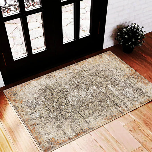 Area Rug 2'x3' Washable Door Mat Vintage Distressed Taupe Doormat Indoor Entrance Traditional Thin Floral Print Non Slip Carpet for Kitchen Bathroom Bedroom Living Room