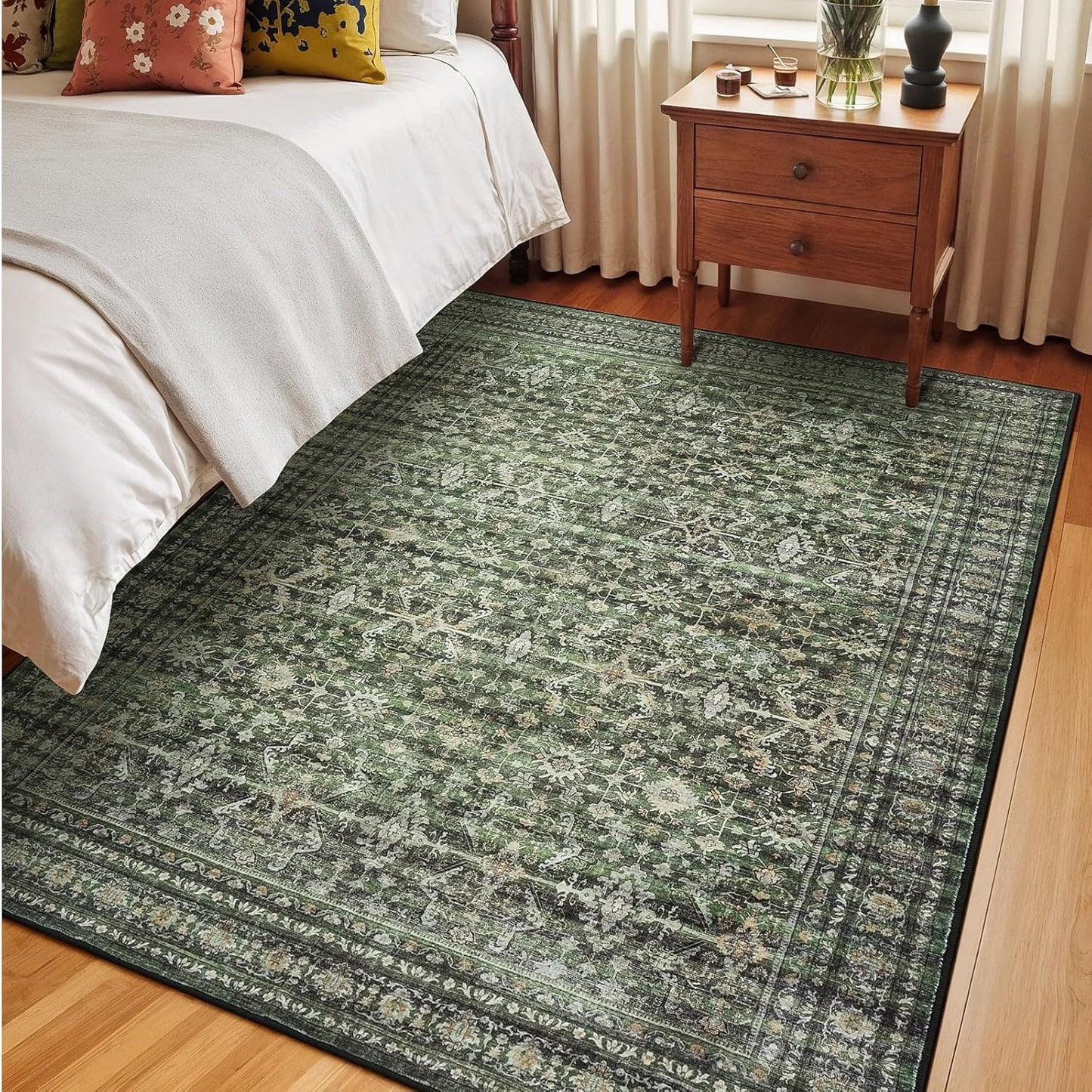 Lofus 5x7 Area Rug for Living Room,Green Washable Area Rugs with Non-Slip Backing,Soft Boho Carpets for Bedroom Dining Room Home Office Indoor Nursery