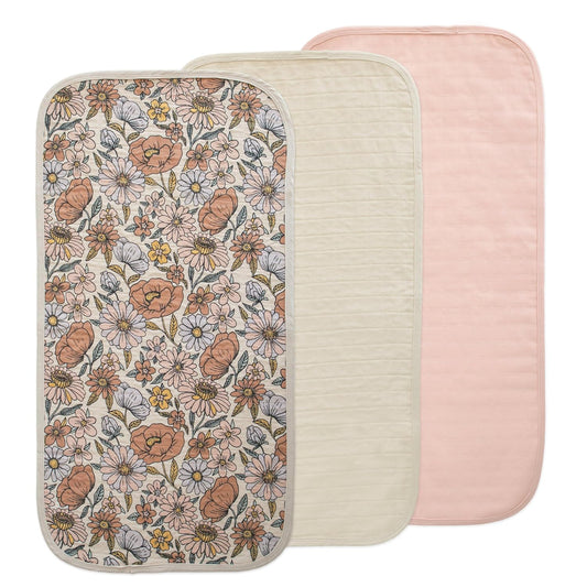 mushie Waterproof Changing Pad Liners | 100% Organic Cotton | Set of 3 (Retro Flowers Combo)