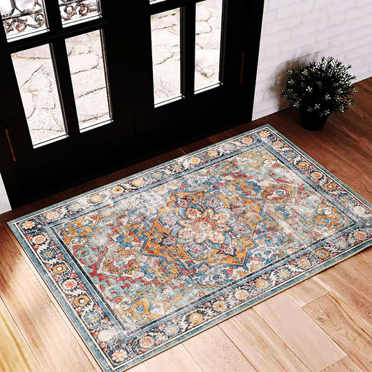 2'x3' Washable Area Rug Door Mat Vintage Doormat Indoor Entrance Traditional Thin Floral Print Non Slip Carpet for Kitchen Bathroom Bedroom Living Room