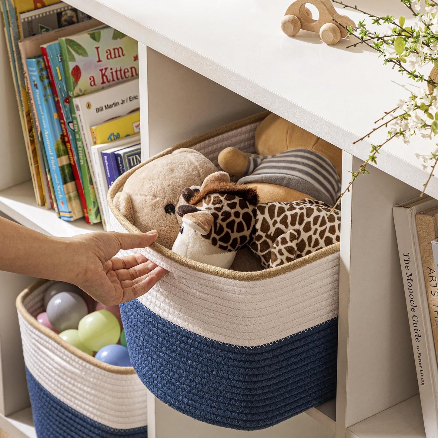 UBBCARE 4 Pack Baskets for Organizing, Woven Storage Baskets for Toys and Towel, Rectangle Cotton Rope Basket with Handles, 15''L x10''W x9''H, Navy Blue
