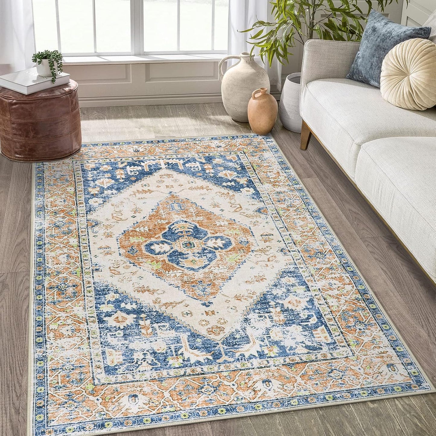 Lahome Boho Washable Living Room Rug 3x5 Throw Non-Slip Area Rug for Bedroom Lightweight Thin Rugs for Entryway Kitchen Vintage Distressed Print Aesthetic Capet for Office Bathroom Laundry Room