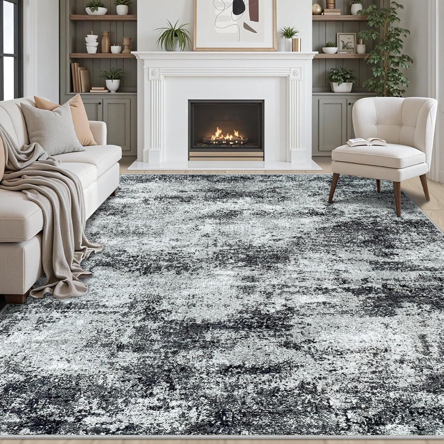 Area Rugs 8x10 Living Room Rugs: Modern Abstract Washable Rug with Non-Slip Backing, Stain Resistant Indoor Floor Large Carpet for Bedroom Dining Room Table Nursery Hallway Home Office Dark Black/Gray