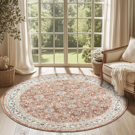 jinchan Round Rug 5ft Washable Circle Soft Rug - Low Pile Vintage 5'Round Indoor Orange Floral Print Stain Resistant Boho Carpet Ultra-Thin Non-Slip for Entryway Nursery Bedroom Dining Room Kitchen