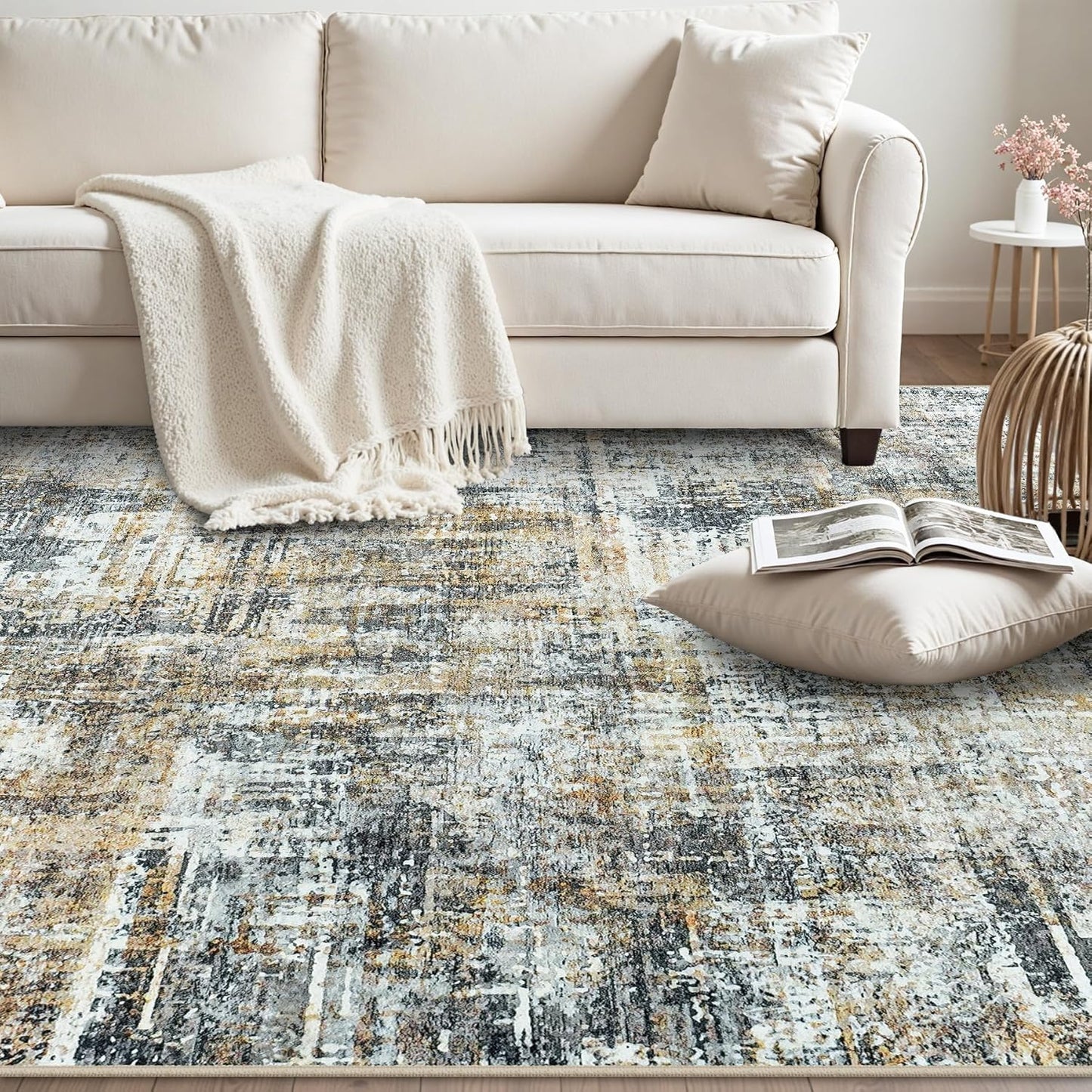 Area Rugs 8x10 Living Room Rugs: Modern Abstract Washable Rug with Non-Slip Backing, Stain Resistant Indoor Floor Large Carpet for Bedroom Dining Room Table Nursery Hallway Home Office Brown/Gray