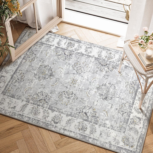 jinchan Floral 2x3 Rugs for Entryway - Vintage Washable Small Non-Slip Distressed Indoor Doormat Ultra-Thin Low-Pile Accent Rug for Entrance Kitchen Bedroom Bathroom (2x3ft,Grey)