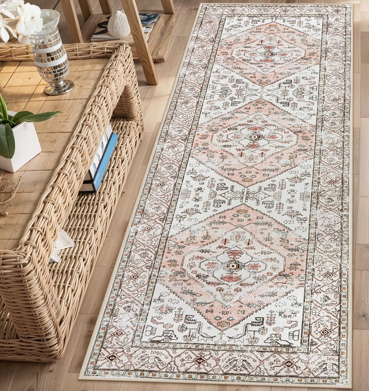 Lahome Boho Washable Non-Slip Pink Rug - Ultra-Thin Non-Shedding Bedroom Bathroom Carpet Runner for Hallway Entryway (Pink, 2'x6')