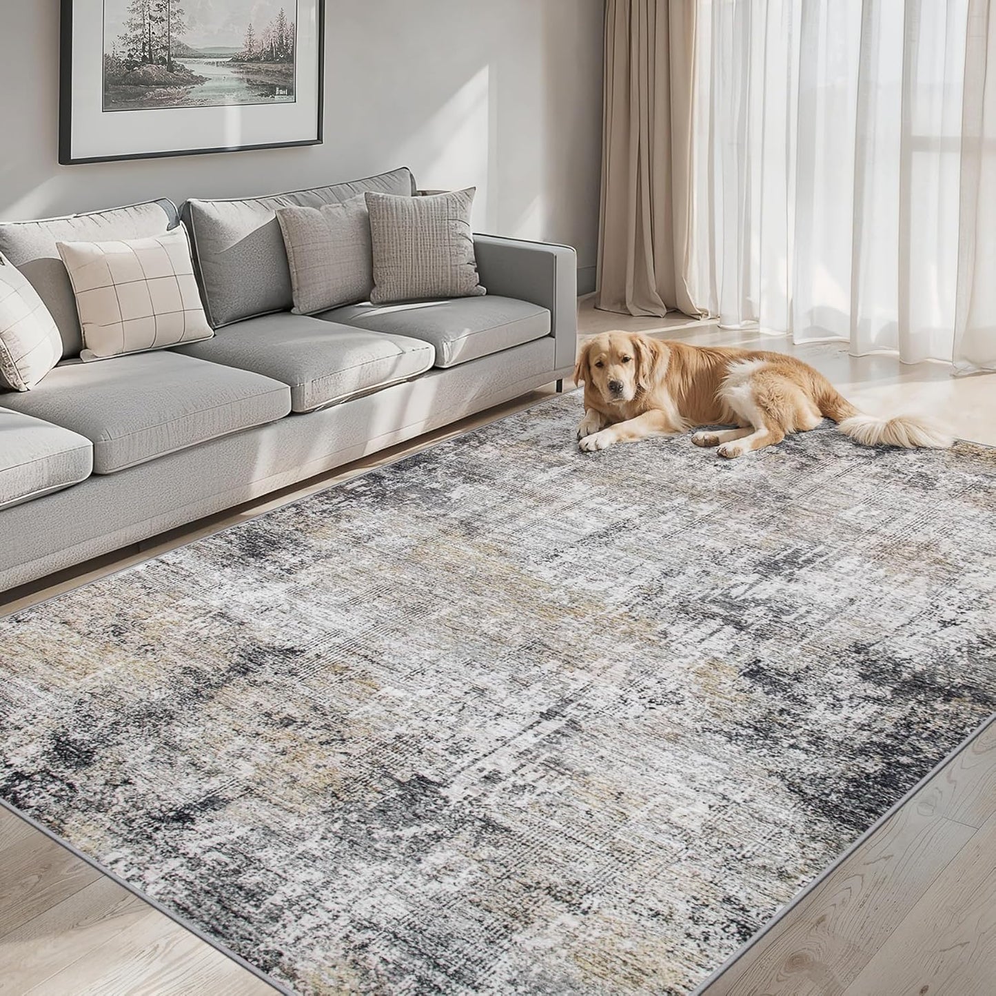 Area Rugs 10x12 Living Room - Washable Rug Modern Abstract Soft Large Neutral Non-Slip Carpet Indoor Floor Thin Carpets for Bedroom Dining Room Farmhouse Nursery Home Office Brown Black Grey