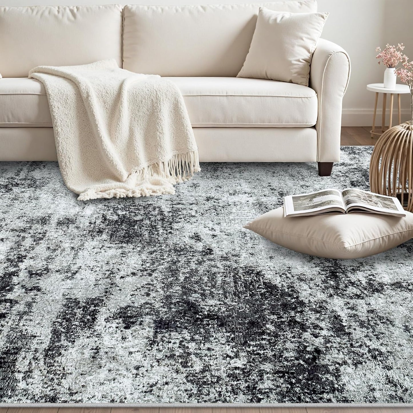 Area Rug 9x12 Washable Rugs: Abstract Large Living Room Rugs with Non-Slip Backing, Stain Resistant Indoor Floor Carpet for Bedroom Dining Room Table Nursery Hallway Home Office Dark Black/Gray