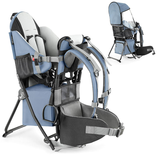 besrey Baby Backpack Carrier, Toddler Hiking Backpack with Safety 3-Height Seat, Adjustable Straps&Waist Belt, Foldable Frame Lightweight Large Capacity Child Carrier for Hiking (Haze Blue)