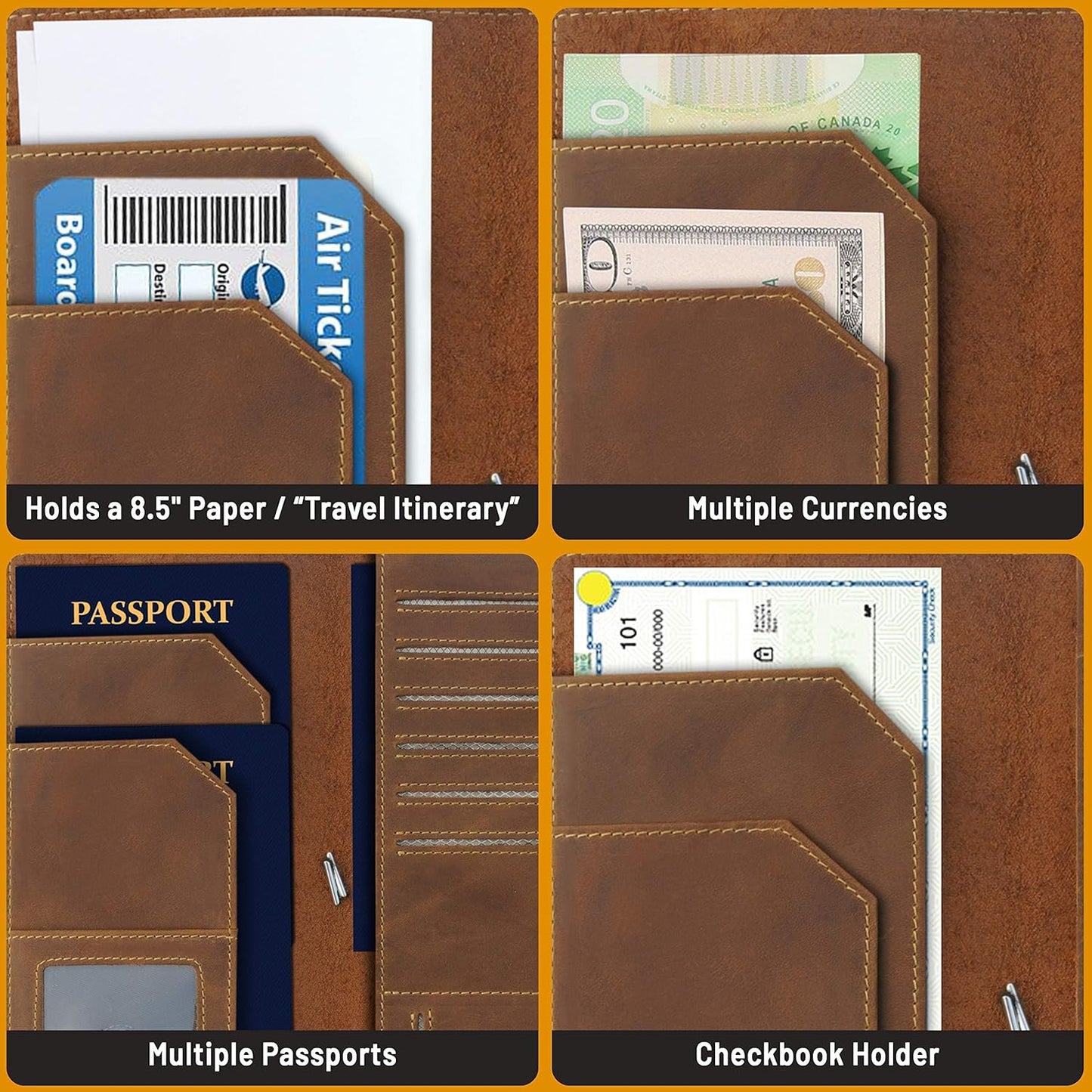 WANDERINGS Genuine Leather Passport Wallet - 4.25 x 9 - Large Leather Passport Holder for Travel - Folding Leather Travel Wallet Case with RFID Blocking, Travel Organizer for Men and Women