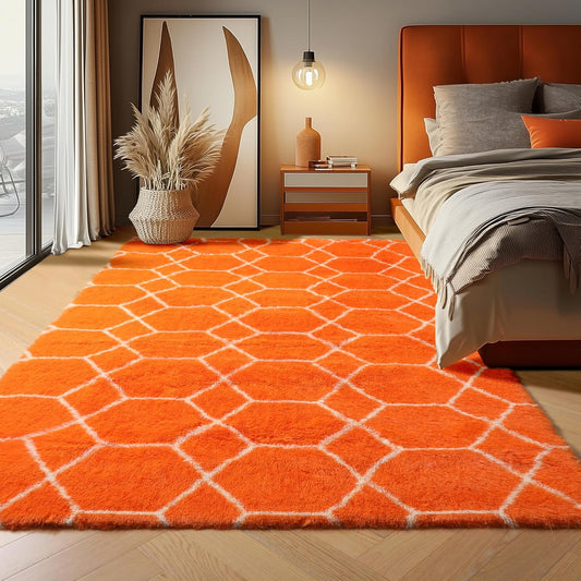 ONASAR Area Rugs for Bedroom Living Room, Washable 4x6 Fluffy Orange and White Throw Rug, Geometric Soft Shaggy Fuzzy Plush Indoor Floor Carpet for Kids Teen Nursery Dorm Office Home Decor Aesthetic