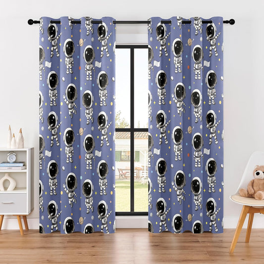 Kids Astronaut Blackout Curtains - 100% Blackout, Thermal Insulated, Noise Reducing, Perfect for Kids Room and Nursery, 2 Panels (Spacewalk Buddies, W52×L84)
