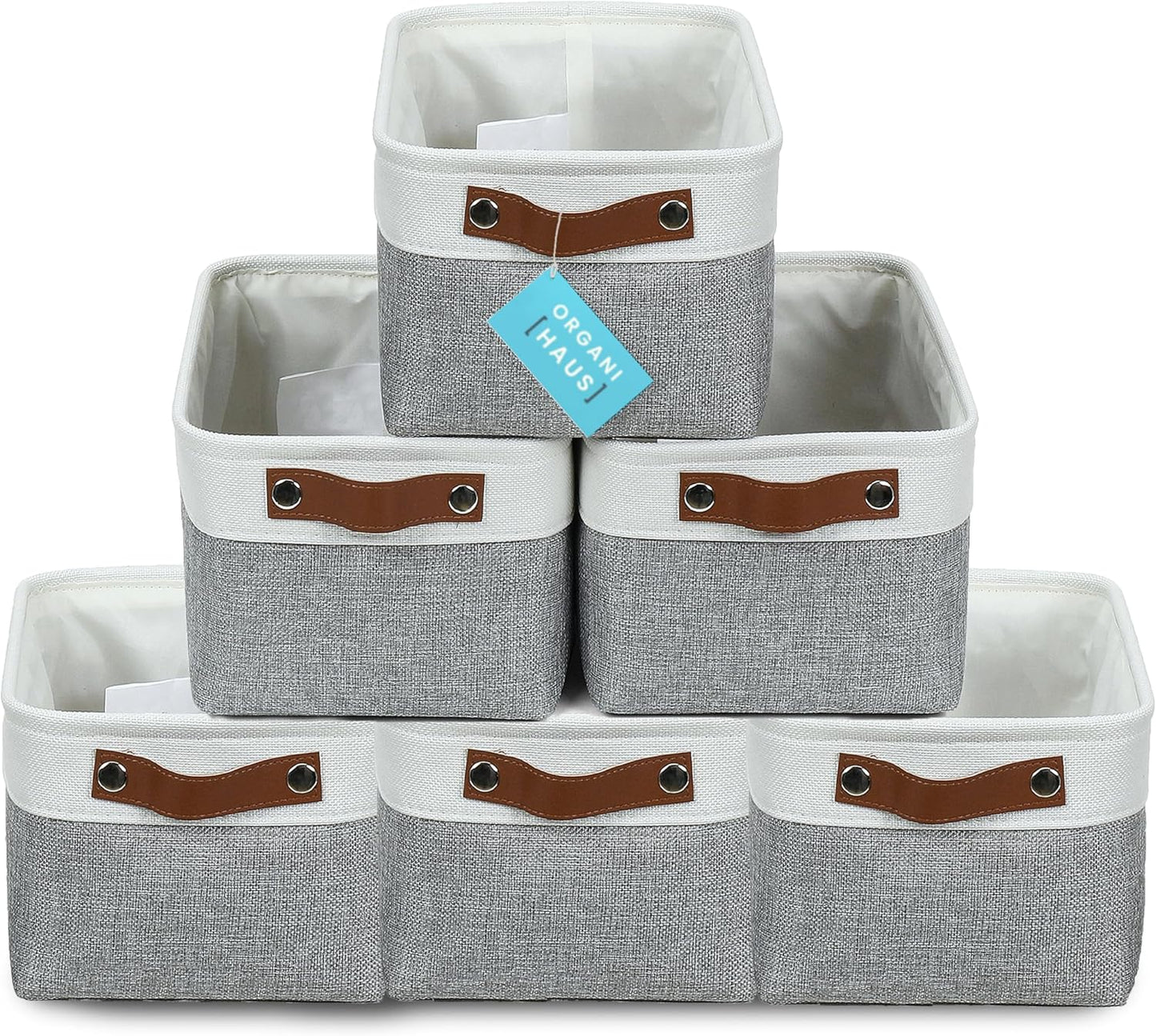 OrganiHaus Small Fabric Storage Bins for Shelves 6 Pack, 12x8in Closet Storage Bins for Shelves, Cloth Baskets for Organizing, Linen Closet Organizers, Fabric Basket, Gray/White