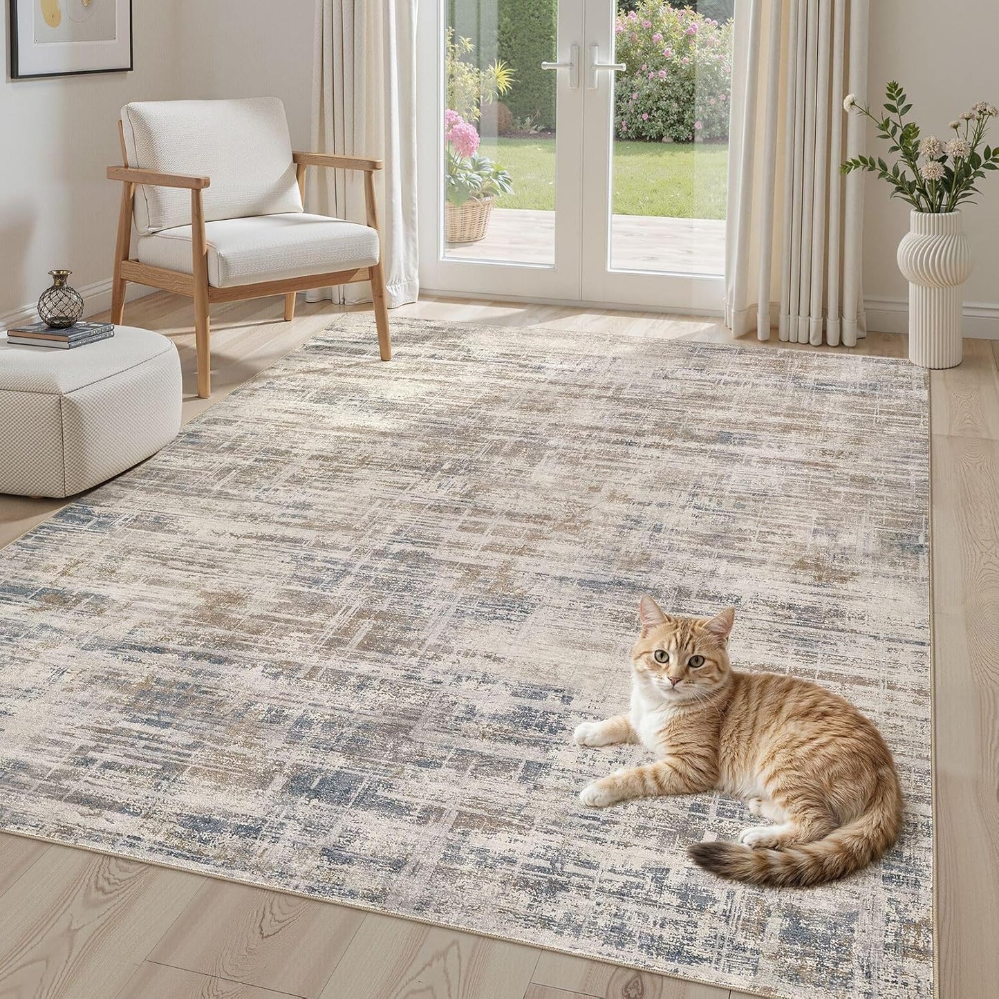 Area Rug for Living Room: 6x9 Washable Neutral Abstract Modern Soft Rugs Non Slip Indoor Floor Stain Resistant Large Carpet for Bedroom Dining Room Office Nursery - Brown