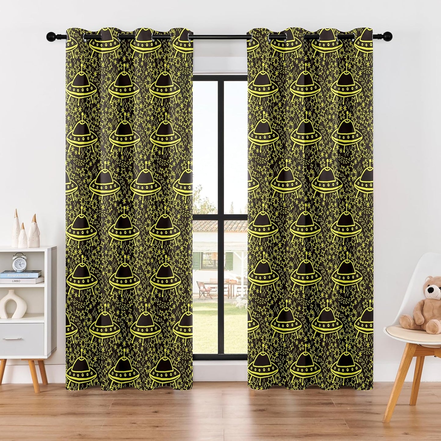 Kids Space Blackout Curtains - 100% Blackout, Thermal Insulated, Noise Reducing, UFO Design, Perfect for Kids Room and Nersury, 2 Panels (Neon UFO Night, W52×L84)