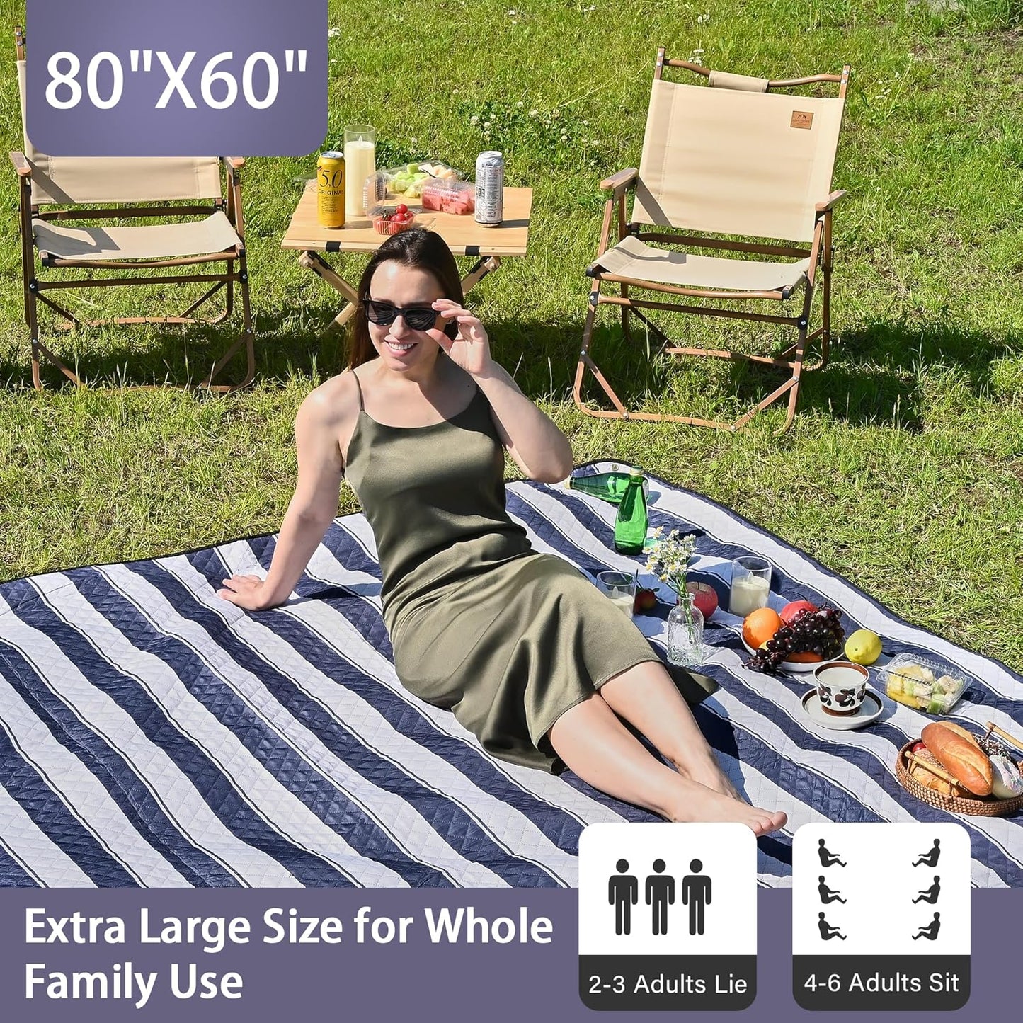 HX&OD Outdoor Picnic Blanket Extra Large, 80''*60'' Waterproof Picnic Mat with Stakes Foldable Camping Blanket Portable with Carry Strap for Beach Mat (Green& White, 80''*60'')